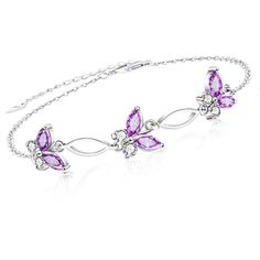 PRICES MAY VARY. 💖DESIGN💖This butterfly bracelet is delicately crafted with intricate butterfly charms,showcasing unique design,it can be worn on various occasions,whether it's a casual day out or a formal occasions. 💖MATERIAI💖Made with 925 sterling silver and high quality cubic zirconia,making it a valuable and timeless jewelry piece for women who appreciate quality craftsmanship. 💖Adjustable Fit💖Bracelet chain length: 6.3 inches +1.97 inches,this sterling silver butterfly bracelet features an adjustable link chain that can be easily adjusted to your desired length,providing both style and comfort. 💖MEANINGFUL GIFT💖Butterfly symbolizing transformation,freedom,and beauty,butterflies represent growth and change.Whether it's for a special someone or a treat for yourself,this butterfl Silver Dainty Butterfly Bracelets, Dainty Silver Butterfly Bracelets, Butterfly Shaped Silver Bracelet Gift, Elegant Purple Amethyst Sterling Silver Bracelet, Sterling Silver Butterfly Bracelets, Sterling Silver Butterfly Bracelet, Elegant Silver Bracelet With Butterfly Charm, Amethyst Butterfly, Butterfly-shaped Sterling Silver Bracelet