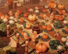 a painting of pumpkins and flowers on a table