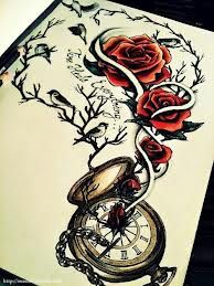 a drawing of roses and an old pocket watch