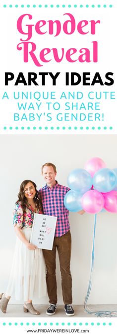 a man and woman standing next to each other holding balloons in front of a white wall