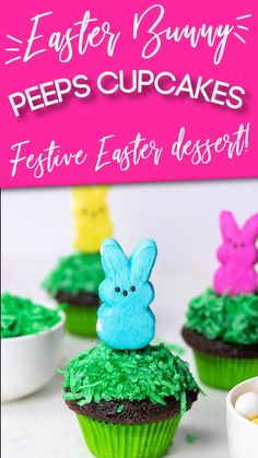 easter bunny peeps cupcakes with green frosting and grass in the middle