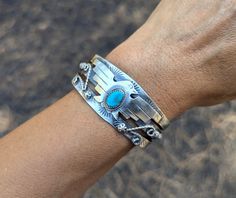 Genuine Navajo Handcrafted Bracelet: Thunderbird Turquoise Cuff Jewelry Sz 6.75 Thunderbird Design, Native American Jewelry Navajo, Navajo Rings, Cuff Jewelry, Handcrafted Bracelets, Handcrafted Artisan Jewelry, Turquoise Cuff, Kingman Turquoise, The Maker