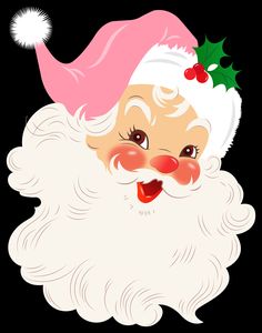 a cartoon santa claus with holly berries on his head and nose, smiling at the camera