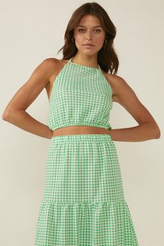 Gingham Halter Neck Top Co-ord. Glasto Outfits, Halter Neck Top Outfit, Casual Church Outfits Summer, Summer Bar Outfits, Bestie Hangout, Dinner Outfits Summer, Summer Work Outfits Office Casual, Halter Neck Tops, Nyc Outfits Summer