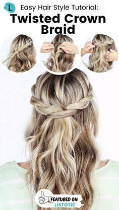 A braided crown is a gorgeous and whimsical hairstyle that gives a regal touch to your homecoming look. To create this style, part your hair down the middle and braid two sections on each side of your head. Wrap each braid around the crown of your head and pin them in place. This hairstyle works best on medium to long hair and gives off a romantic, boho vibe that’s perfect for homecoming. Twisted Crown Braid, Cute Hairstyle Tutorial, Style Tutorial, Perfect Cute, Cute Hairstyle, Hair Tutorials Easy, Hairstyle Tutorial, Crown Braid, Work Hairstyles