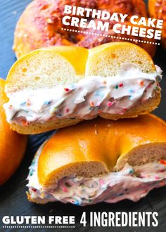 birthday cake cream cheese bagels with white frosting and sprinkles on them