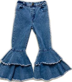 Trendy Blue Flared Hem Bottoms, Trendy Blue Stretch Flares, Blue Flares With Flared Hem For Spring, Blue Flared Hem Flares For Spring, Trendy Stretch Blue Flares, Casual Blue Flared Hem Flares, Casual Blue Flares With Flared Hem, Fitted Ruffled Denim Jeans, Fitted Denim Jeans With Ruffles