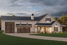 this is an artist's rendering of a modern farmhouse style home with two garages