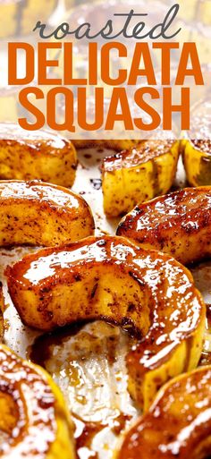 roasted delicata squash on a baking sheet with text overlay that reads roasted delicata squash