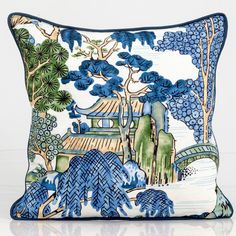 Update your decor with this chinoiserie design  pillow cover fabric from Thibaut.    Asian Scenic features  features bold and lush trees with asian themes of pagodas and bridges in blue and green on a white background.  Back: coordinating 100% linen in off-white. Pillow cover is available in knife-edge construction or with blue piping.    Size in the image: 20x20" Lumbar size 12x20" Please note: this is a large scale pattern and design placement will vary.  The sale is for one pillow cover and d Chinoiserie Pillow Covers, Chinoiserie Pillows, Green Chinoiserie, Chinoiserie Pillow, Toile Pillows, Blue Accent Pillow, Bed Pillow Covers, Chinoiserie Design, Blue Pillow Covers