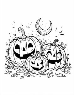 three pumpkins with faces on them sitting in the grass next to a moon and stars