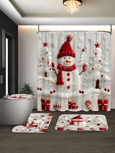 a christmas themed shower curtain with a snowman on it