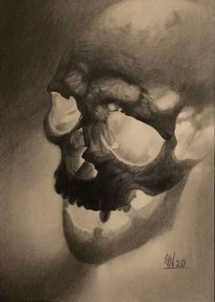 a black and white drawing of a skull