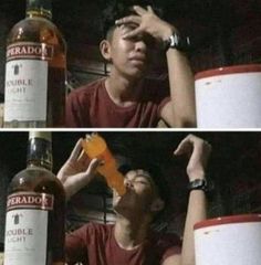 two pictures of a man holding an orange in front of his face and looking up at the bottle