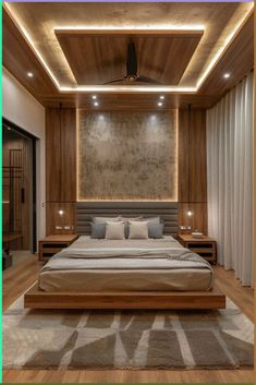 a large bed sitting in the middle of a bedroom next to a wooden wall and ceiling