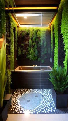 a bathroom with plants on the wall and a bathtub in the middle, along with a tiled floor