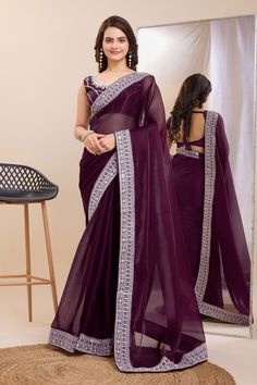 Purple Organza Saree, Saree For Party, Saree Beautiful, Embroidery Border, Border Saree, Bollywood Style, Art Silk Sarees, Organza Saree, Purple Lace