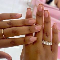 Acrylics On Natural Nails, September Nail Ideas Short Natural, Skin Tone French Tip Nails, Light Brown Nails French Tip, Short French Tip Brown Nails, Brown French Tip With Rhinestones, Light Brown Tips Nails, Coffin French Tip Nails Fall Colors, Graduation Nails Brown