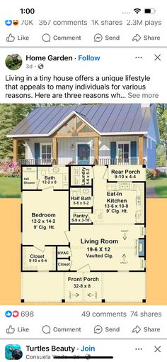 the floor plan for a small house with two bedroom and an attached garage, which is also