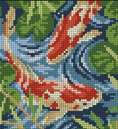 a cross stitch pattern with fish in the water and green leaves on it's sides