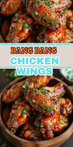 chicken wings in a wooden bowl with the title bang bang chicken wings on top and bottom