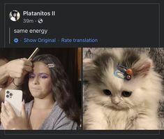 a woman is getting her hair cut by a cat and another person has scissors on their head