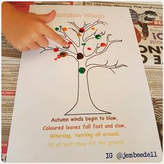 a child's hand is pointing at an autumn tree with leaves on it and the words autumn winds begin to blow colored leaves fall fast and slow, whirling all around