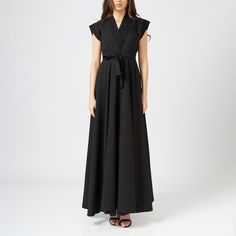 This bias-cut wrap dress is crafted from a soft fabric, falling elegantly to ankle length. The dress wraps around the body, cinching the waist with a matching tie belt, and is fitted at the bust and waist for a flattering, feminine silhouette.  The top of the dress features intricate hand embroidery, adding a delicate touch to the sleek design. It has a V-neckline, balancing the detailed embroidery with a minimalist, tailored look.  The bias cut allows the fabric to drape naturally over the body Evening Floor-length Maxi Dress With Tie Waist, Elegant Maxi Dress With Tie Waist, Elegant Maxi Dress With Tie Waist For Wedding, Elegant Wedding Maxi Dress With Tie Waist, Elegant Floor-length Tie-waist Dress, Evening Maxi Dress With Tie Waist, Elegant Floor-length Tie Waist Dress, Elegant Floor-length Dress With Tie Waist, Elegant Tie Waist Maxi Dress