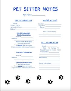 a pet sitter notes with paw prints on the front and back pages, in blue ink