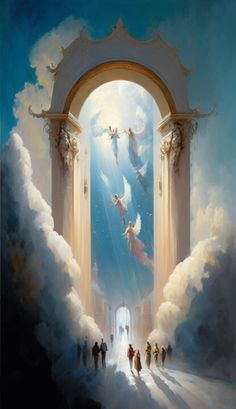 a painting of people walking through an archway with angels flying above them in the sky