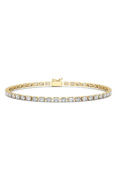 This exceptional tennis bracelet brings unique elegance to a classic with 30 sparkling lab-created diamonds that alternate in distinct oval and emerald cuts. Tongue-and-groove closure with safety clasp Total diamond weight: 5.80ct. Color: D-F Clarity: VS Lab-created diamond/14k gold Made in the USA >Diamond Guide Classic Diamond Tennis Bracelet Baguette Cut, Classic Tennis Bracelet With Baguette Diamonds, Classic Emerald Cut Baguette Diamond Tennis Bracelet, Classic Diamond White Tennis Bracelet With Baguette Diamonds, Yellow Gold Emerald Cut Tennis Bracelet For Formal Occasions, Emerald Cut Yellow Gold Tennis Bracelet For Formal Occasions, Emerald Cut Yellow Gold Tennis Bracelet For Formal Events, Classic Baguette Cut Diamond Bracelet With Jubilee Band, Classic Emerald Cut Diamond Bracelet With Accents