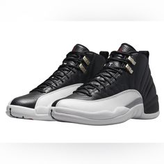 Jordan 12 Play Off New In Box Luxury Leather Jordan Sports Shoes, Luxury Leather Jordan Shoes For Sports, Classic Black Jordan Shoes With Rubber Sole, Classic Black Leather Jordan Shoes, Luxury Black Leather Basketball Shoes, Classic Black Jordan Shoes With Contrast Sole, Luxury Black Low-top Jordan Shoes, Luxury Black High-top Basketball Shoes, Black Leather Luxury Jordan Shoes