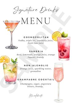 a watercolor drawing of cocktails on a white background with the words signature drinks menu