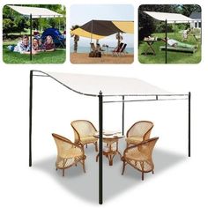 an outdoor table and chairs under a canopy with pictures above it that show people relaxing in the shade