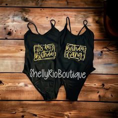 This listing is for a black one piece swimsuit that ties in the back to make it looser or tighter and says Birthday Gang or It's My Birthday! Swimsuit is fully lined and comes with removable pads... If your bigger chested, but have a smaller waist proportion size up as these swimsuits have a string in the back that snatch you right up to have that hour glass figure! Material: 80% polyamide 20% elastane ALL SALE ARE FINAL. NO RETURN OR EXCHANGE(For hygiene reasons) Black Letter Print Swimwear For Summer, Black Letter Print Bodysuit For Summer, Birthday Swimsuit, Squad Swimsuit, Vacation Swimsuit, Canoga Park, Smaller Waist, It's My Birthday, Hour Glass