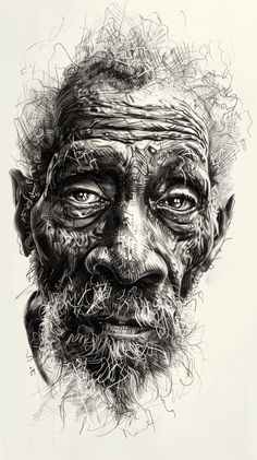 a black and white drawing of an old man's face with wrinkles on it