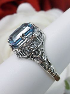 Natural Blue Topaz Ring, Lovely Rectangle, Victorian Jewelry, Silver Embrace Jewelry Rectangle Ring, Mystic Fire Topaz, Rectangle Design, Edwardian Jewelry, Daisy Design, Blue Topaz Gemstone, Gem Ring, Sky Blue Topaz, Sterling Silver Filigree