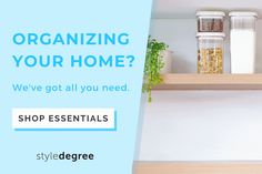 a shelf with jars and containers on it that says organizing your home? we've got all you need shop essentials style degree