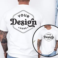 Branded Crew Neck T-shirt With Relaxed Fit, Basic Crew Neck T-shirt With Graphic Design, White Graphic Design Shirt With Crew Neck, White Graphic Crew Neck Shirt, White Crew Neck T-shirt With Branding, White Shirt Mockup Free, Masculine Shirts, Free Mockup Tshirt Blank T Shirts, Front And Back T Shirt Mockup