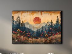 a painting hanging on the wall above a bed