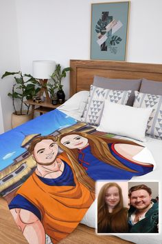 a bed with an image of two people on it and a photo of the same person