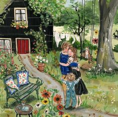 a painting of two people hugging in front of a house