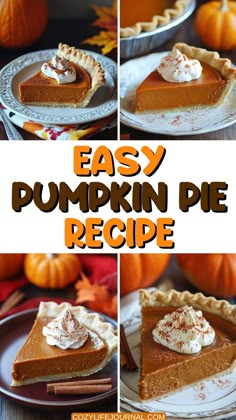 Easy pumpkin pie recipe with three images of pumpkin pie slices topped with whipped cream and cinnamon. Frozen Pumpkin Pie, Classic Pumpkin Pie Recipe, Classic Pumpkin Pie, Pumpkin Pie Recipe Easy, Perfect Pumpkin Pie, Frozen Pumpkin, Best Pumpkin Pie, Yummy Fall Recipes, Easy Pumpkin Pie