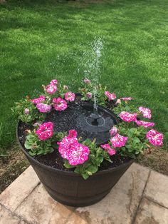 a flower pot filled with pink flowers and water spouting from it's top