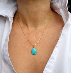 Delicate gold and turquoise necklace.    A lovely faceted teardrop turquoise pendant hangs elegantly from a 16k gold plated necklace. The length of Turquoise Necklace Simple, Simple Turquoise Necklace, Elegant Turquoise Teardrop Pendant Drop Necklace, Turquoise Drop Jewelry As A Gift, Turquoise Drop Jewelry Gift, Elegant Turquoise Teardrop Pendant Necklace As Gift, Elegant Teardrop Turquoise Necklace For Gift, Gold Teardrop Turquoise Necklace Gift, Gold Turquoise Teardrop Necklace For Gift