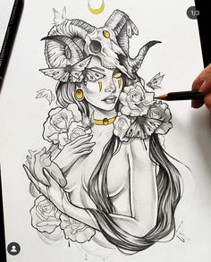 a drawing of a woman with horns and roses