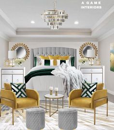 a bedroom decorated in gold and green with white bed, yellow chairs, chandelier and mirror on the wall