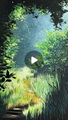 an image of a forest scene with trees and grass in the foreground, on which is a video player's play button