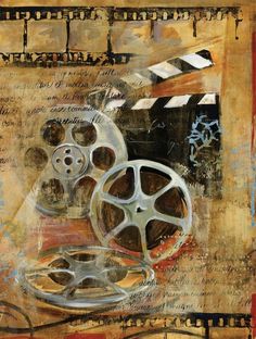 an abstract painting with film reels on it