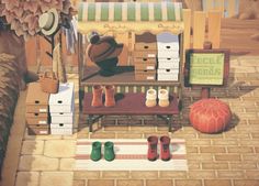 a painting of shoes and other items on a brick floor in front of a wooden bench